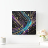 Schwarze glühende Linien Abstraktes Design Lila bl Quadratische Wanduhr (Zuhause)