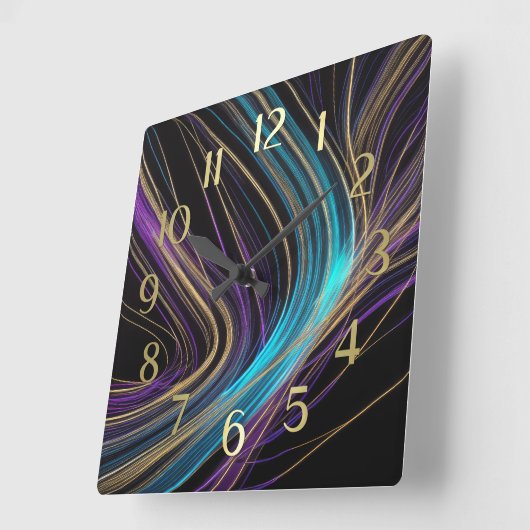 Schwarze glühende Linien Abstraktes Design Lila bl Quadratische Wanduhr (Winkel)