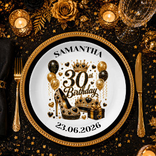 Schwarze Gold 30. Geburtstag Glanz Konfetti-Platte Pappteller