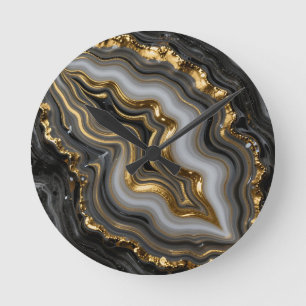 Schwarze Gold-Achat-Geode Luxus-Marmor Runde Wanduhr