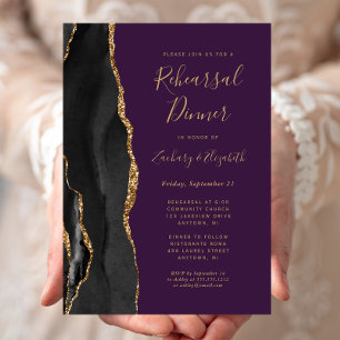 Schwarze Gold-Achat-Lila Hochzeitsprobe-Dinner Einladung