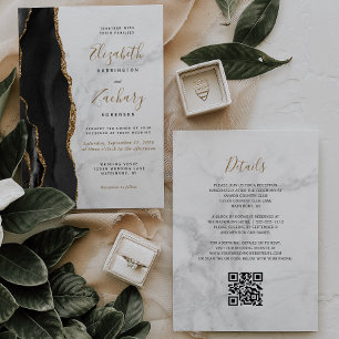 Schwarze Gold-Achat-Marmor-QR-Code-Hochzeit Einladung