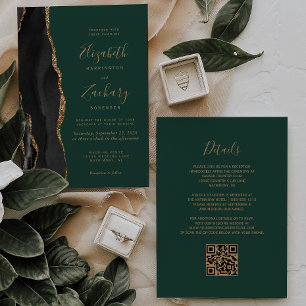 Schwarze Gold-Achat-Smaragdgrüne QR-Code-Hochzeit Einladung
