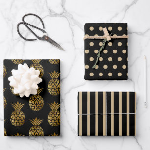 Schwarze Gold-Ananas-Punkte-Streifen-Einfarbig Geschenkpapier Set