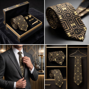 Schwarze Gold Art Deco Geometrische Monogramm Krawatte
