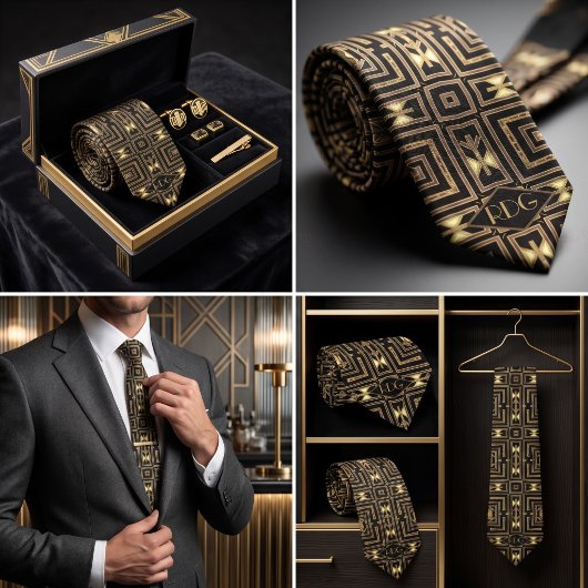 Schwarze Gold Art Deco Geometrische Monogramm Krawatte
