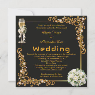 Schwarze Gold Champagner Perle Foto Hochzeit Einladung