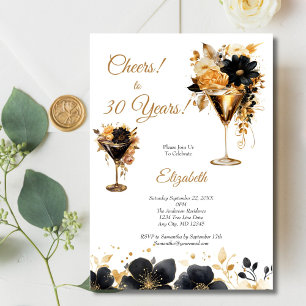 Schwarze Gold Cocktails Getränke Blumen 30. Geburt Einladung