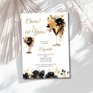 Schwarze Gold Cocktails Getränke Blumen 60. Geburt Einladung