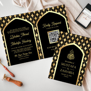 Schwarze Gold-Diamant-Bogen-QR-Code-Muslim-Hochzei Einladung