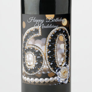 Schwarze Gold-Diamant-Perlen Weiße Rose 60. Geburt Weinetikett