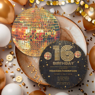 Schwarze Gold-Disko-Kugel Goldener Geburtstag 16.  Einladung