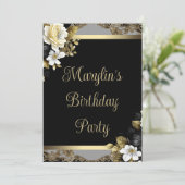 Schwarze Gold Elegante Blumengeburtsparty Einladung (Stehend Vorderseite)