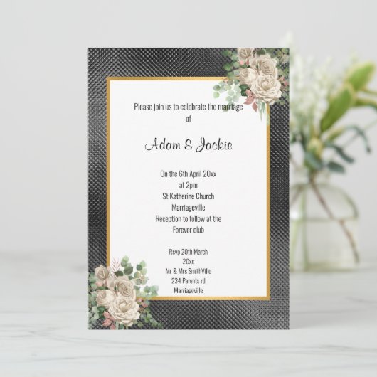 SCHWARZE GOLD EMBOSSED ROSE EUCALYPTUS WEISSE WEDD EINLADUNG (Stehend Vorderseite)