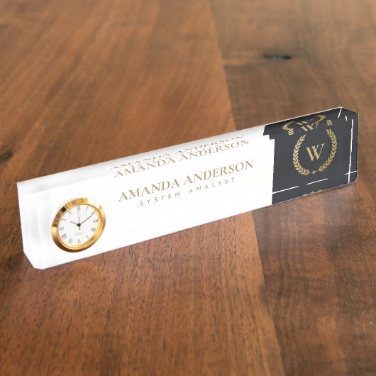 SCHWARZE GOLD FLORAL LAUREL WREATH ERSTE MONOGRAMM NAMENSPLAKETTE (Seite)