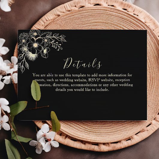 Schwarze Gold Floral Wedding Details Card Begleitkarte