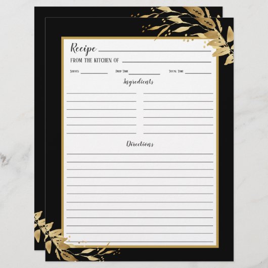 Schwarze Gold Foliage Botanische Recipe Binder Sei (Vorne/Hinten)