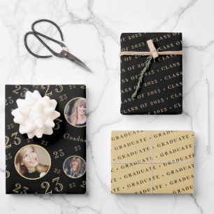 Schwarze Gold Foto-Typografie Klasse 2023 Geschenkpapier Set