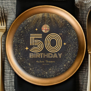 Schwarze Gold Glitter Disco Ball Party 50. Geburts Pappteller