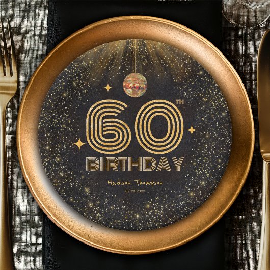 Schwarze Gold Glitter Disco-Kugel Party 60. Geburt Pappteller