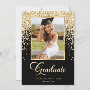 Schwarze Gold Glitter Foto Abschlussfeier Einladung