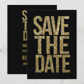 Schwarze & Gold Glitter Hochzeitseinladungstypogra Save The Date (Vorne/Hinten)