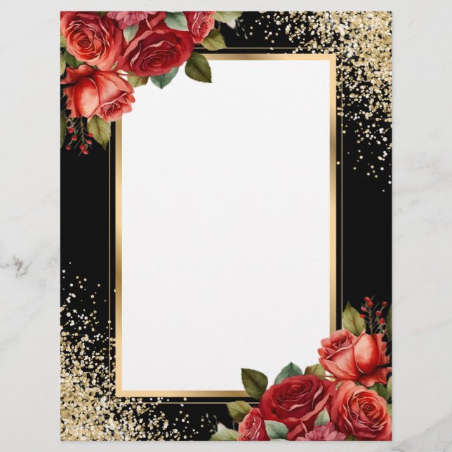 Schwarze Gold Glitter Rot Rosen Foto Briefbogen (Vorderseite)
