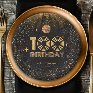 Schwarze Gold-Glitzer-Disco-Kugel-Party 100. Gebur Pappteller