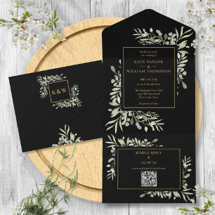 Schwarze Gold-Grünpflanzen-Blumen-QR-Code-Hochzeit All In One Einladung