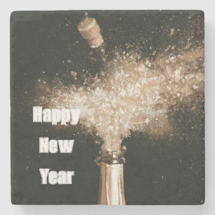 Schwarze Gold Happy New Year Champagnerflasche Steinuntersetzer