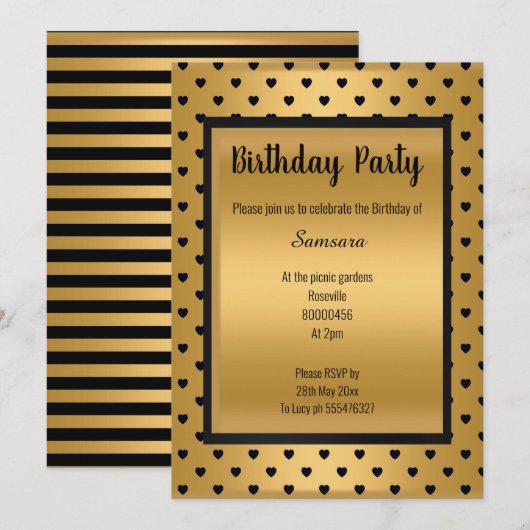 SCHWARZE GOLD HERZPATTERN STRIPE JEDEN ANLASS EINLADUNG (Vorne/Hinten)