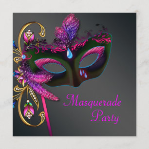Schwarze Gold-Hot-Pink-Masquerade-Party Einladung