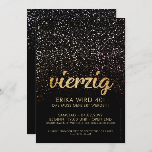 Schwarze Gold-Jubiläum Einladungen 40. Geburtstag (Vorne/Hinten)