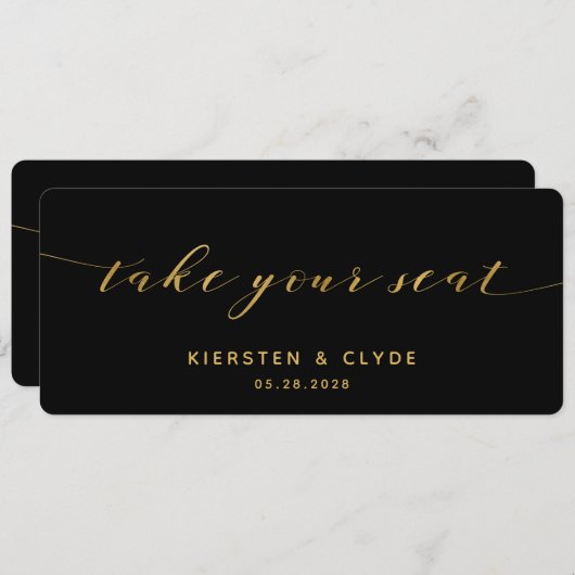 Schwarze Gold-Kalligrafie Nehmen Sie Ihre Sitzplat Einladung (Vorne/Hinten)