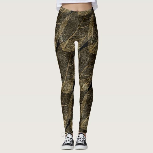 SCHWARZE GOLD LEAF Muster Leggings Aktivbekleidung (Vorderseite)