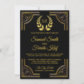 Schwarze Gold-Lorbeer-Monogramm-Hochzeits-Einladun Einladung (Vorderseite)