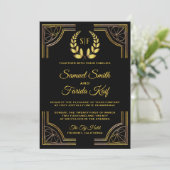 Schwarze Gold-Lorbeer-Monogramm-Hochzeits-Einladun Einladung (Stehend Vorderseite)