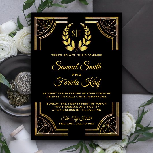 Schwarze Gold-Lorbeer-Monogramm-Hochzeits-Einladun Einladung