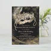 Schwarze Gold Maskerade Geburtstagsfeier Einladung (Stehend Vorderseite)