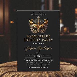 Schwarze Gold-Masquerade Sweet 16 Geburtstagsfeier Einladung