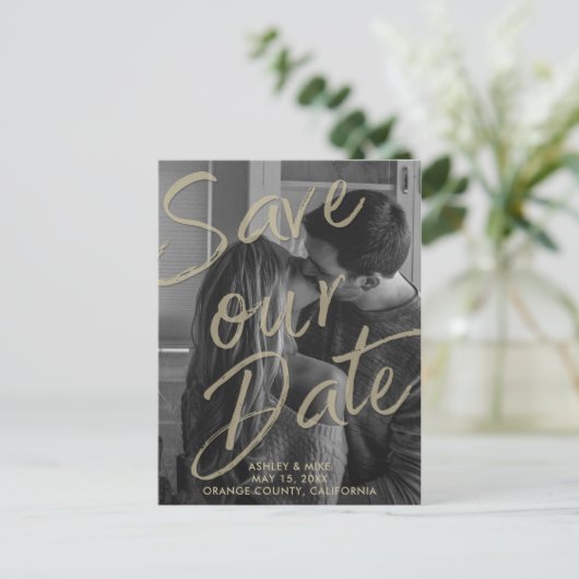 SCHWARZE GOLD MODERNES Foto-Skript Rette unser Dat Ankündigungspostkarte (Stehend Vorderseite)