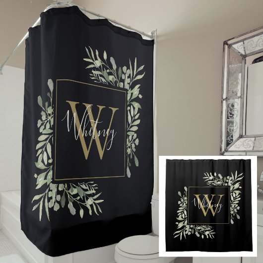 Schwarze Gold Monogram Greenery Duschvorhang