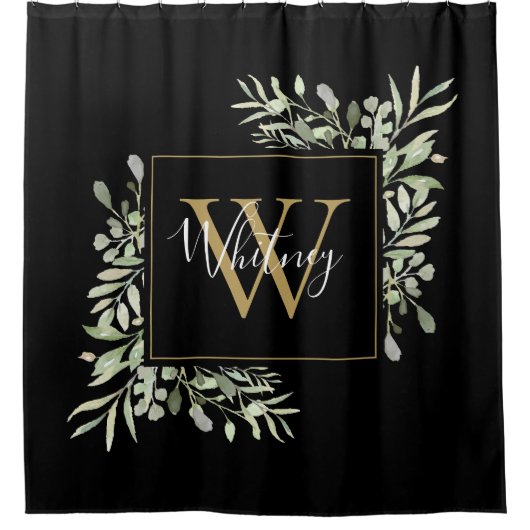 Schwarze Gold Monogram Greenery Duschvorhang (Vorderseite)