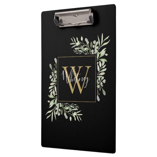 Schwarze Gold Monogram Greenery Klemmbrett (Links)