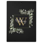 Schwarze Gold Monogram Greenery Klemmbrett (Rückseite)