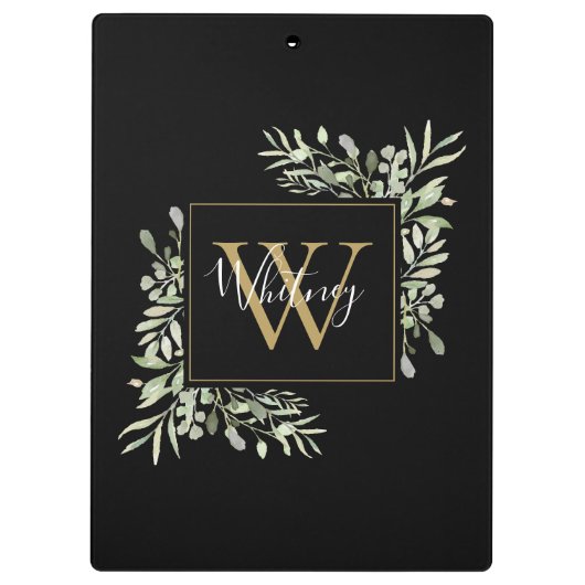 Schwarze Gold Monogram Greenery Klemmbrett (Rückseite)