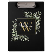 Schwarze Gold Monogram Greenery Klemmbrett (Vorderseite)