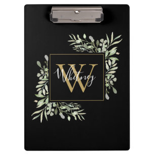 Schwarze Gold Monogram Greenery Klemmbrett
