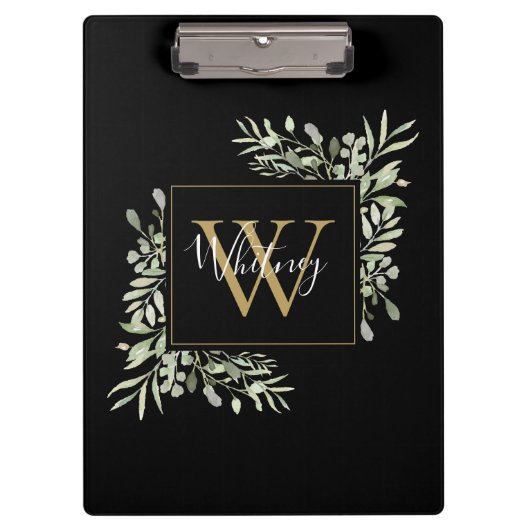 Schwarze Gold Monogram Greenery Klemmbrett (Vorderseite)
