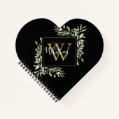 Schwarze Gold Monogram Greenery Notizblock (Vorderseite)